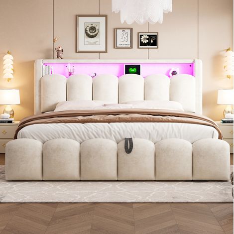 Lit double 180x200 cm en velours beige, avec rangement hydraulique, LED, USB et Type-C, OKWISH (1/5)