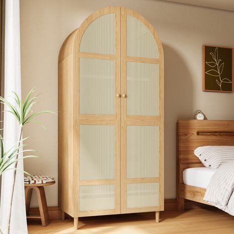 Modernluxe – Armoire moderne 80x50x179 cm – 2 portes cintrées – 1 tiroir – Penderie avec étagères en rotin et MDF – Naturel (1/5)