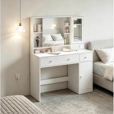Coiffeuse 108 x 40 x 139 cm blanche – miroir LED coulissant, sans matelas (1/5)