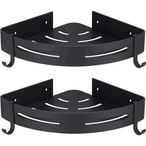 Support de douche d'angle sans perçage, lot de 2, avec crochets, noir, rangement de salle de bain, accessoires de salle de bain, porte-savon, support de douche, sans perçage (1/4)