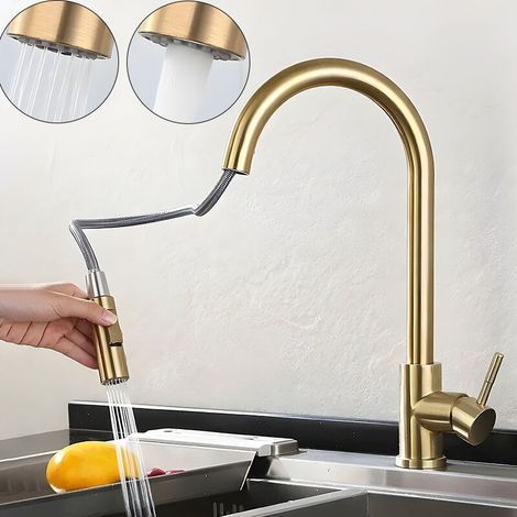 Robinet de cuisine doré avec douchette extractible, mitigeur de cuisine moderne en acier inoxydable à poignée unique, or brossé (1/4)