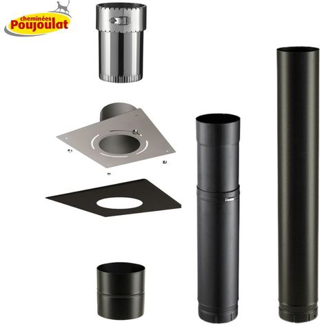 Poujoulat – Kit complet de fumisterie conduit émaillé 150 mm – Plaque finition carrée 30 x 30 – Raccord flexible pour poêles à bois – Résistance thermique 600 °C (1/4)