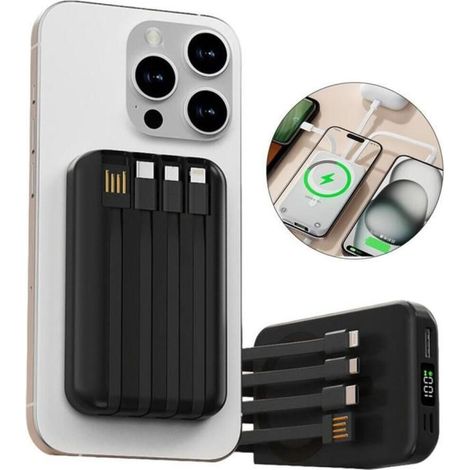 Batterie externe magnétique 20 000 mAh avec MagSafe et 4 câbles intégrés, charge rapide 22,5 W, USB-C, Lightning, compatib (1/5)