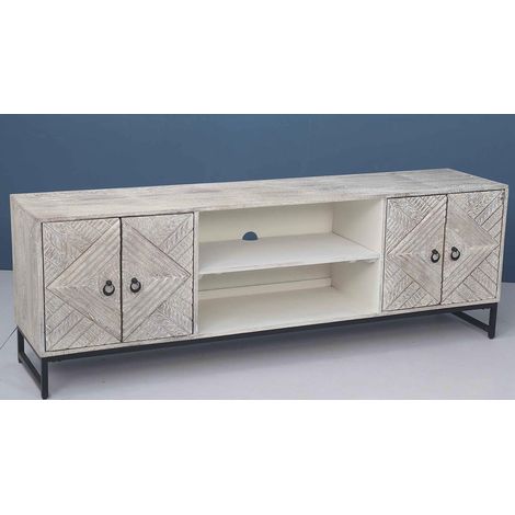 Meuble TV en bois de manguier coloris blanc et métal noir - Longueur 180 x Hauteur 60 x Profondeur 40 cm -PEGANE-