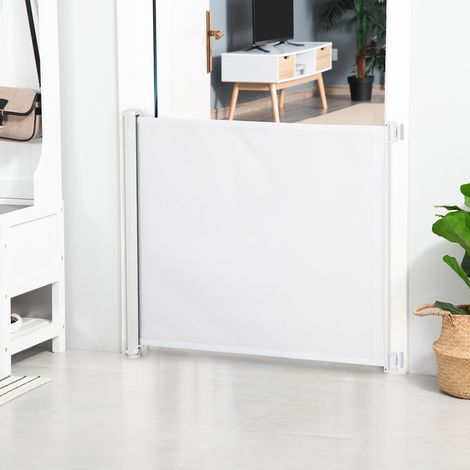 Barrière de sécurité pour chien, barrière rétractable automatique, barrière d'escalier, barrière de couloir, portail d'entrée, 115 x 82,5 m, acier Teslin, blanc (1/5)