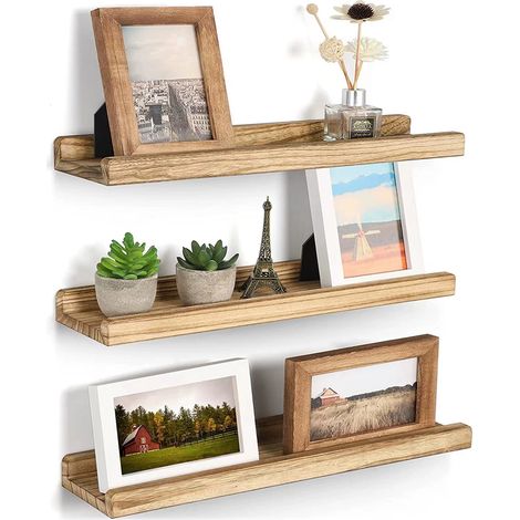 Étagère murale 3 niveaux en bois de paulownia brûlé, design épuré et résistant, idéal pour salon ou bureau, fixation facile (1/5)