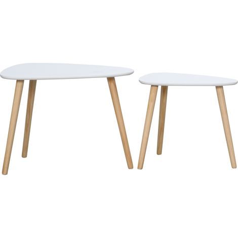 Lot de 2 tables basses gigognes design scandinave pieds en bois et plateau en bois, blanc (1/5)
