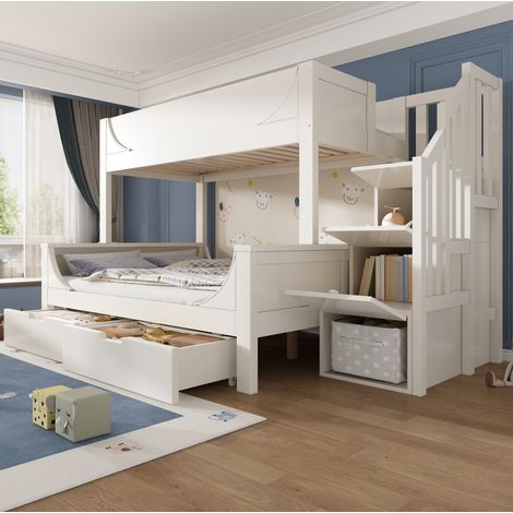 Letto a castello bambini 90x200 cm e 140x200 cm con scala contenitore, 2 cassetti, sponda di sicurezza e rete a doghe, senza materasso, bianco (1/5)
