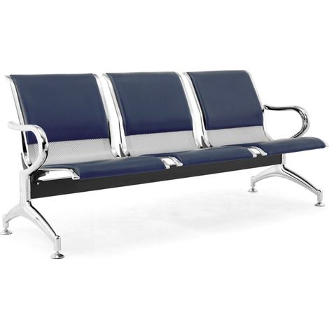 Panca per Sala Attesa 3 Posti da Ufficio con Cuscino in Acciaio e Similpelle Argento/Blu Navy (1/4)