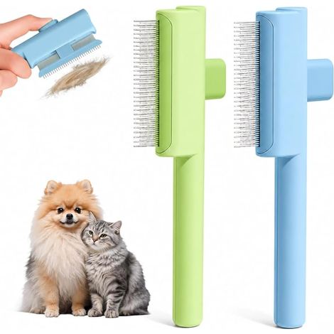 Lot de 2 brosses auto-nettoyantes pour chat - Brosse à fourrure avec dents métalliques longues et courtes + silicone - Brosse sous-poil pour chats et chiens - Élimine les poils morts et le sous-poil (1/5)