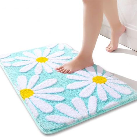 Tapis de bain blanc à motifs floraux - Antidérapant - Doux en microfibre - Super absorbant - Lavable - 50 x 80 cm - Pour salle de bain et douche (1/5)
