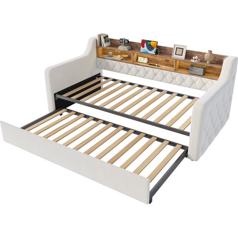 Sofá cama 90x190 cm con cama nido, terciopelo beige, cabecero con almacenaje, LED, USB-C (1/5)