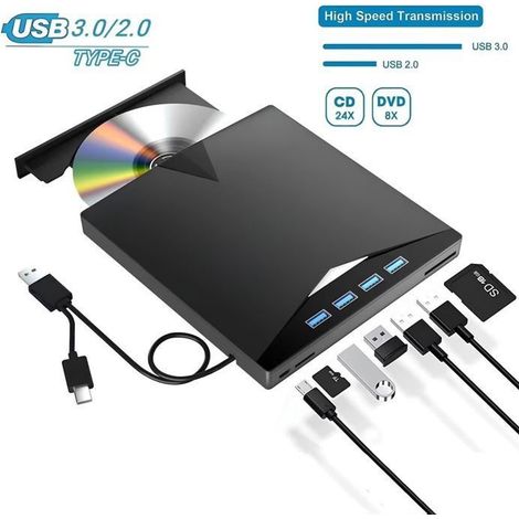 Graveur DVD externe 7 en 1 USB 3.0 Type-C – Lecteur carte SD/TF – Windows, Mac, Linux (1/5)