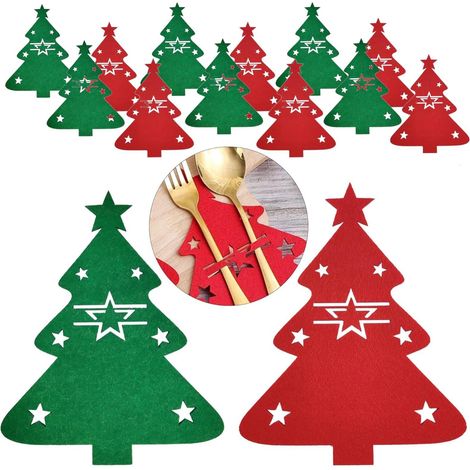 Ensemble de 12 porte-couverts en feutre en forme de sapin de Noël, pochettes pour fourchettes et cuillères, décorations de table festives. (1/5)