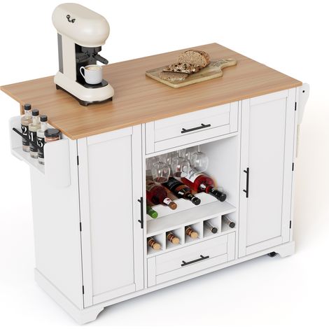 ELVMI Carrello da Cucina con 2 Cassetti, Portabottiglie, Portabicchieri, Portaspezie e Portasciugamani, MDF, Bianco Naturale (1/5)