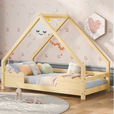 Lit cabane enfant 90 x 200 cm avec barrière de sécurité, bois de pin naturel DESVIAE (1/5)