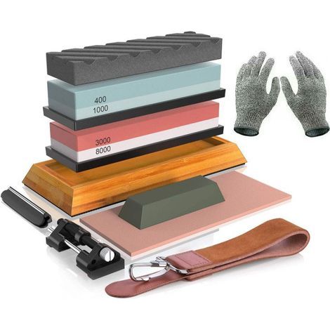 Kit de afilado con piedra, juego profesional de afilado de cuchillos con granos 400/1000 y 3000/8000, piedras de aplanamiento, guía de ángulo, cordón de cuero y guantes resistentes a los cortes. (1/5)
