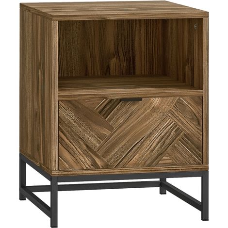 Brown Wood Effect Bedside Table with Drawer and Shelf,Stylish Side End Table with Steel Legs for Living Room and Bedroom (1/5)