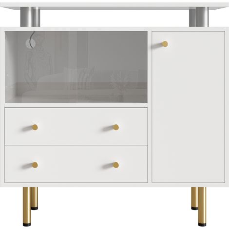 Buffet moderne LED en panneaux de particules et verre, 80x35x80 cm, blanc, avec portes coulissantes en verre et tiroirs (1/5)