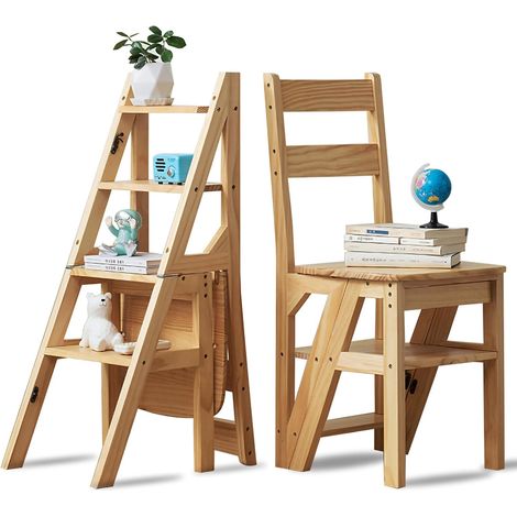 Échelle à marches, 4 marches, pliable, 2 en 1, échelle et chaise pliante en bois, capacité jusqu'à 180 kg, convient pour cuisine, maison, bibliothèques (couleur bois) (1/5)