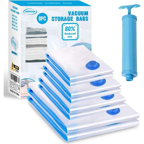 Sacs de Rangement Sous Vide Lot de 8 Sacs de Rangement sous Vide Aspirateur+1 Pompe, Sac Compression Rangement Voyage, Literie Oreillers Couette Penderie Manteau (1/5)