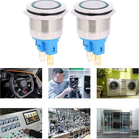 Lot de 2 boutons-poussoirs annulaires de 22 mm, 12-24 V CC, IP65, 6 broches, vert. (1/5)