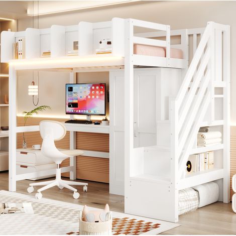 Cama alta infantil de 90x200 cm en madera con iluminación LED, espacio de almacenamiento y escalera, estructura de madera blanca, con escritorio y armario (1/5)