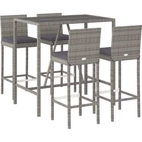 Mesa y taburetes altos jardín 5 piezas y cojines ratán PE gris vidaXL