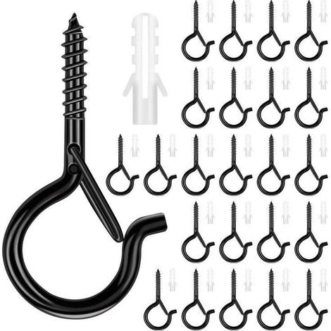 Lot de 25 Pièces Piton à Visser Noir Crochet à Visser Charge Lourde Avec Boucle de Sécurité Crochet de Plafond Bois Pour Suspendre des Paniers à Plantes (1/5)