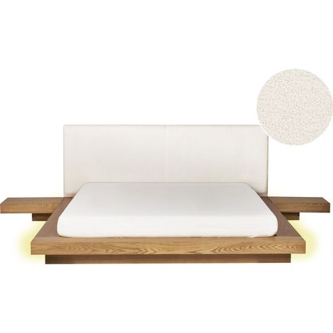 Lit Japonais avec LED Tête de Lit Bouclé et 2 Tables de Nuit 160 x 200 cm Bois de Frêne Naturel Zen