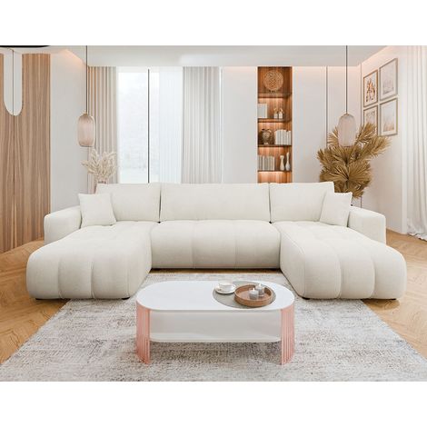 Bestmobilier – Canapé panoramique convertible 7 places avec coffre – Tissu 100% polyester – Design contemporain – Dimensions 312x145cm