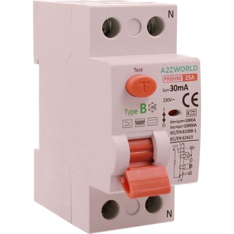 A2ZWORLD RCCB Interruttore Differenziale Puro Tipo B 1P+N 2M 10000A 30mA AC 230V IP20 IEC61008-1 / IEC62423 PR8HM, Corrente Disponibili 25A 40A 63A 100A (25A) (1/3)