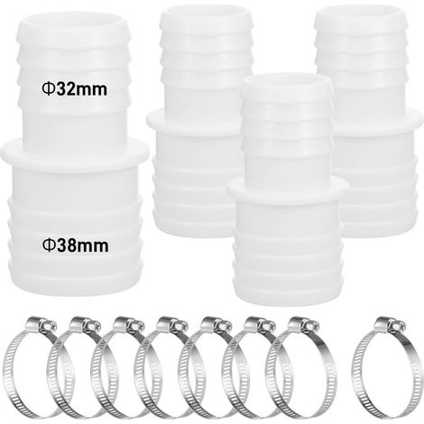 Connecteur de tuyau de piscine 32mm vers 38mm, 4 pièces avec colliers de serrage