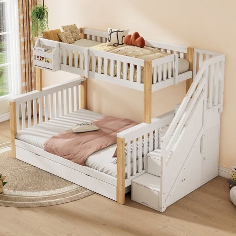 Lit Superposé Enfant 90x200 + 140x200 cm Lit 3 Places avec 2 Tiroirs, Escalier de Rangement, Panier et Étagères - Blanc + Naturel