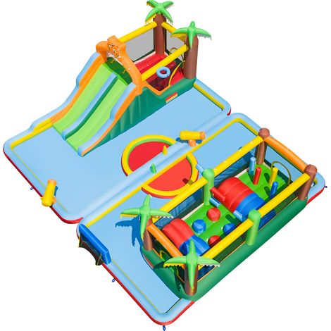 Parc aquatique gonflable pour enfants, château gonflable avec 2 toboggans, zone de saut, mur d'escalade et jeu de lancer d'anneaux (1/2)