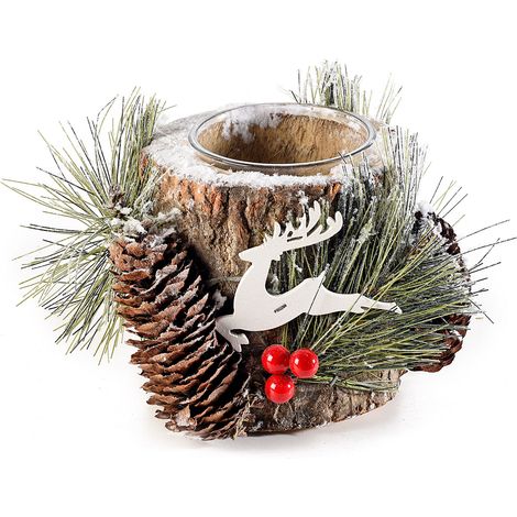 Centrotavola di Natale a tronchetto in legno con portacandela in vetro, decorato con pigne e rametti innevati, set da 2 pezzi, Ø 15 cm x 10,5 H