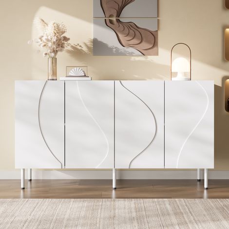Buffet 4 portes 4 étagères PB MDF métal pieds portes ondulées 3D push to open griffless rangement salon couloir minimaliste blanc