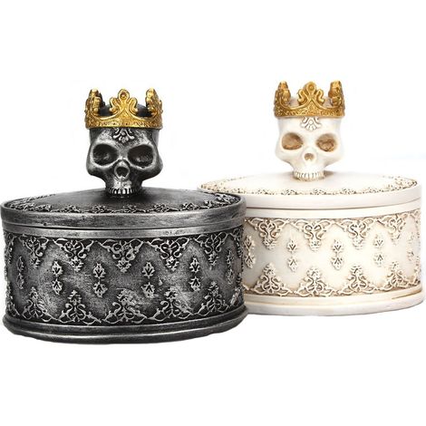 Lot de 2 boîtes de rangement pour bijoux créatives en forme de crâne noir en résine avec motif de couronne pour Halloween (1/5)