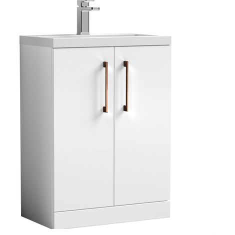 Balterley Bramshall Compact Bathroom Cloakroom Vanity Basin Unit with Ceramic Basin, Copper Handles, 600mm, Gloss White (1/3)