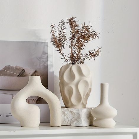 Ensemble de 3 Vases en Céramique - Style Nordique - Pour Fleurs Séchées et Pampas - Décoration Salon et Étagère - Blanc Mat (1/5)