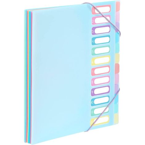 Trieur Document A4 avec 12 Compartiments - Organisateur de bureau extensible - Porte document A4 avec index - Fermeture par élastique - Rainbow Pastel Bleu (1/4)