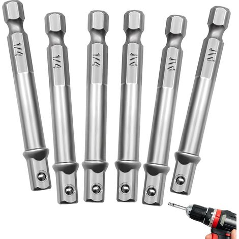 6-Piece 1/4" Bit Holder Set, Socket Adapters, 1/4" Deep Socket, Drill Adapter Converter, Bit Holder, Drill Chuck, Silver, for Cordless Drills and Screwdrivers (1/5)