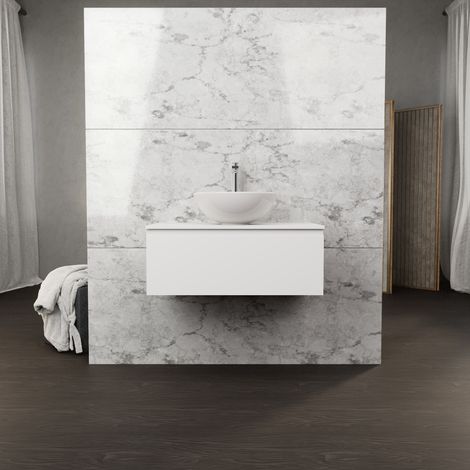Inda - Badezimmerschrank B.80 mit Aufsatzwaschbecken / Mattweiß 1 Schublade - Rubin