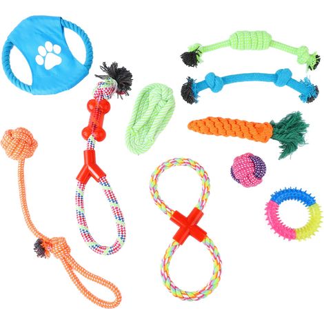 Lot de 10 jouets à mâcher en corde de coton pour chien, résistants aux morsures et aux couleurs vives, pour le nettoyage des dents et le développement des molaires. (1/5)