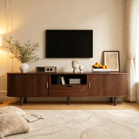 Meuble TV 175x40x55 cm avec 2 Portes Tambour, 1 Tiroir, Niches Ouvertes, Passe-Câbles, MDF, Noyer (1/5)
