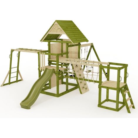 Rebo Wildwood Burrow Climbing Frame with Triple Swing, Monkey Bars, Climbing Wall and Wave Slide (1/5)
