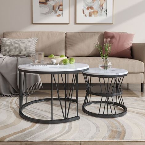 Couchtisch - Set aus 2 Couchtischen - Moderner Stil - Rund - Weiß - Beistelltische - Holz Marmor und Metallfüße - 70/45