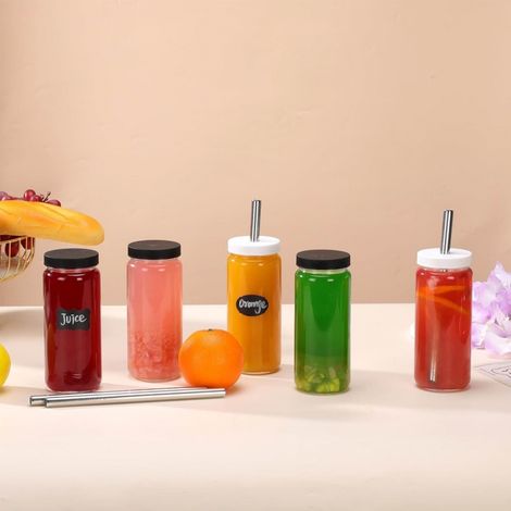 FLITI Set of 4 16oz Glass Bottles with Straws and Lids, Reusable Smoothie Cups for Juice and Tea (1/5)