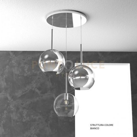 SOSP. BIANCO TONDA 3 LUCI VETRI TUTTI GRANDE (1 X TRASPARENTE + 2 X CROMO) 1155BI-S3 TG-TC