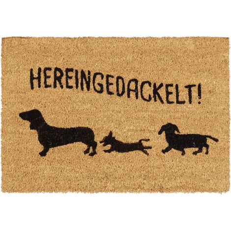 Relaxdays Fußmatte Kokos "Hereingedackelt", Kokosmatte Hundemotiv, Türmatte Innen & Außen, Türvorleger 40x60 cm, natur